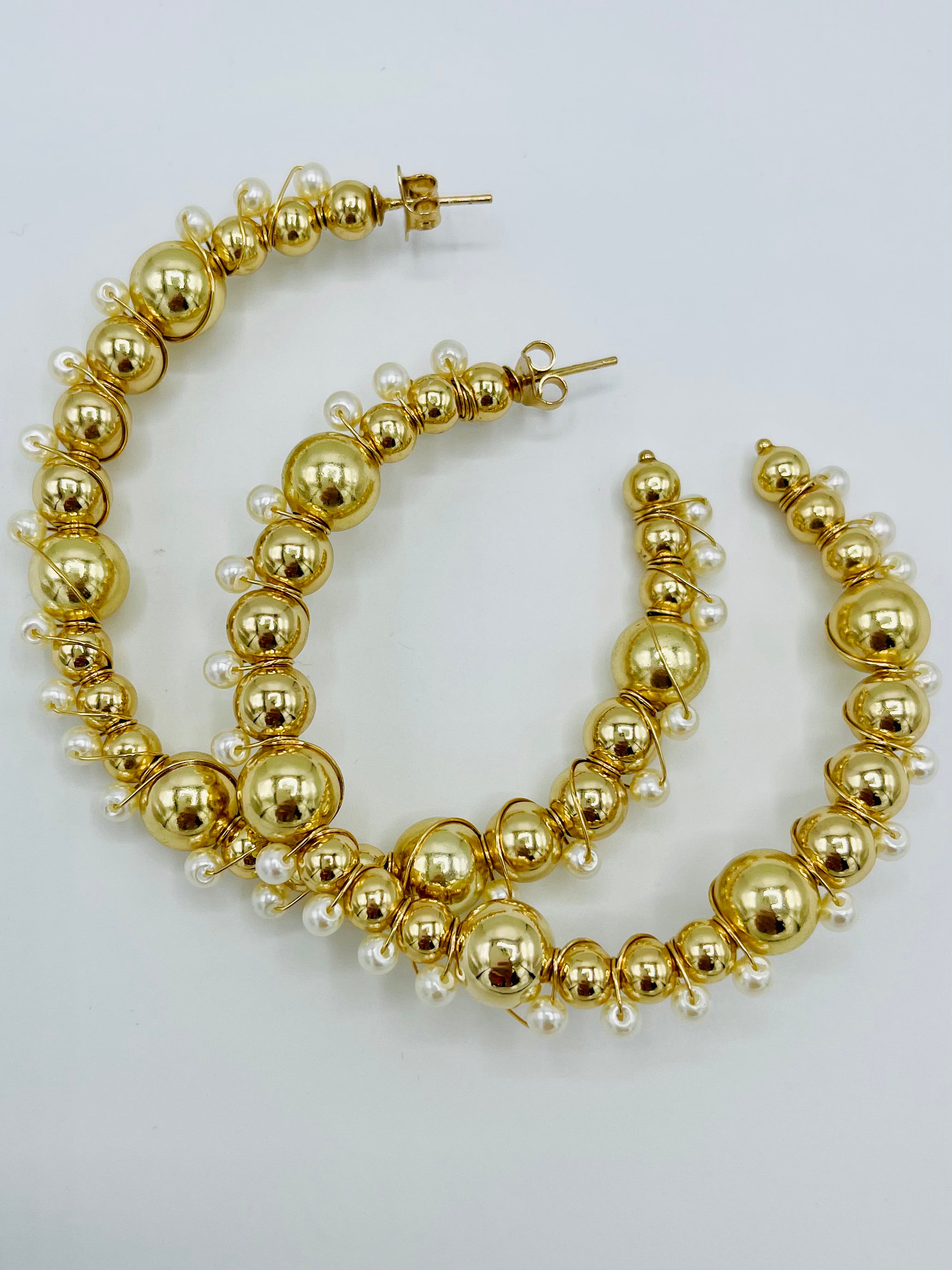 Pearl Gold Beads Wrapped Hoop Earrings
