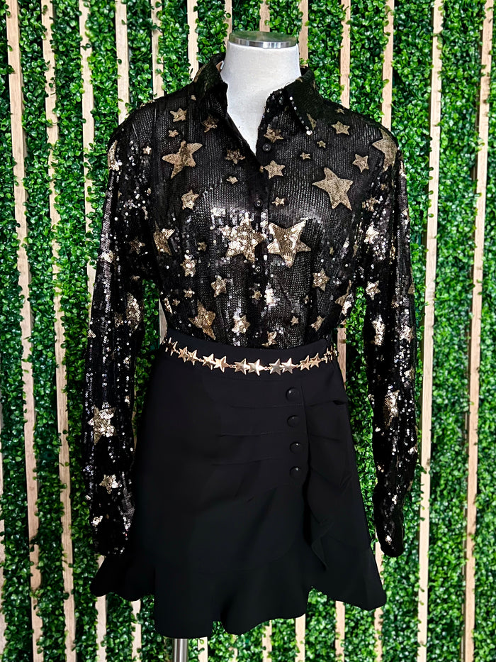 Sequins Gold Star Button Down Top