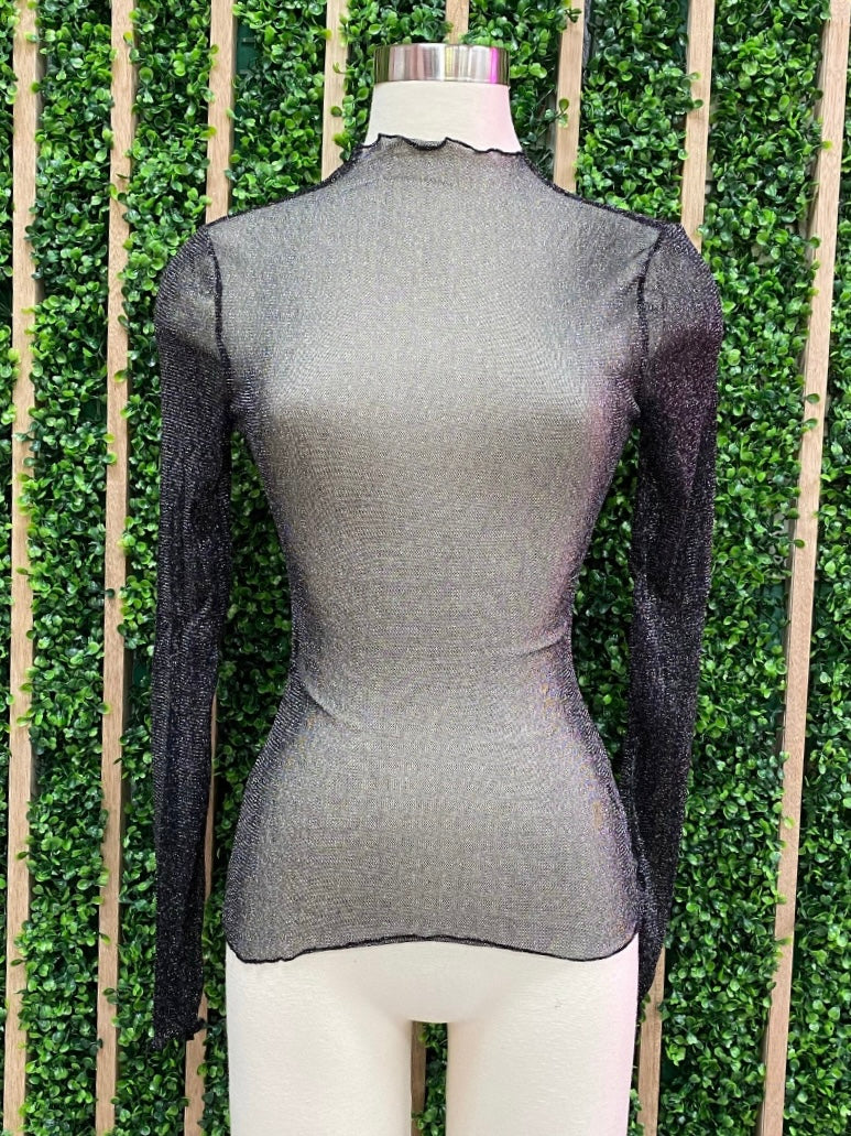 Black mesh glitter long sleeve top