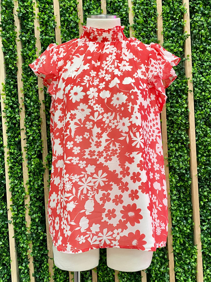 Delicate Red Floral Ruffled Sleeveless Top
