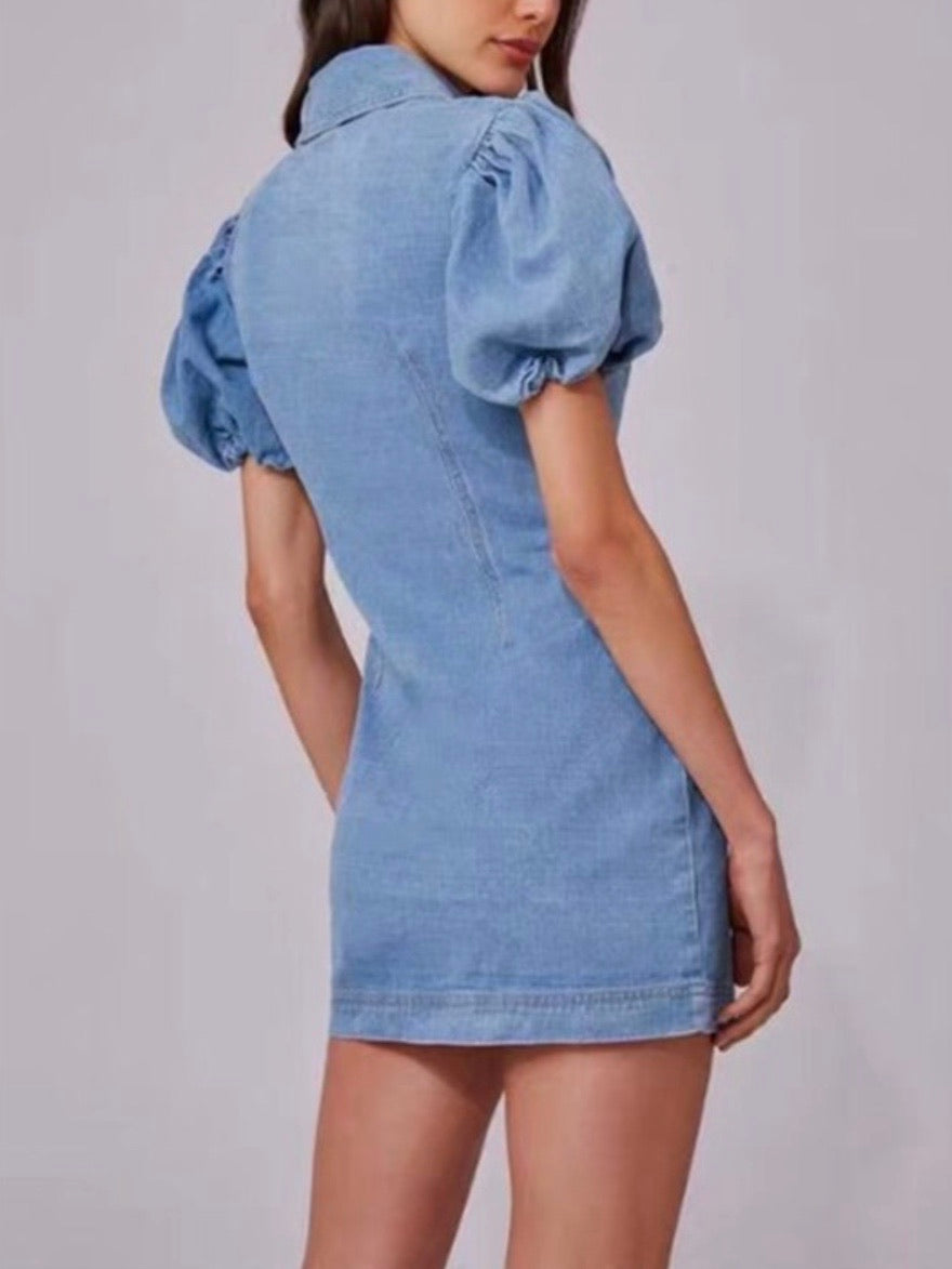 Denim Bowknot Puff Sleeve Mini Dress