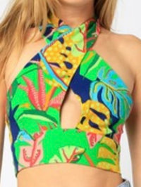 Green Tropical Crossed Neck Crop Top