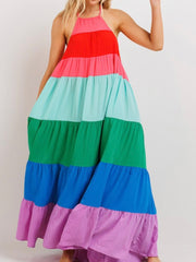 Multicolor Block Halter Maxi Dress