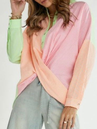 Neon Stripe Twist Button Down Shirt