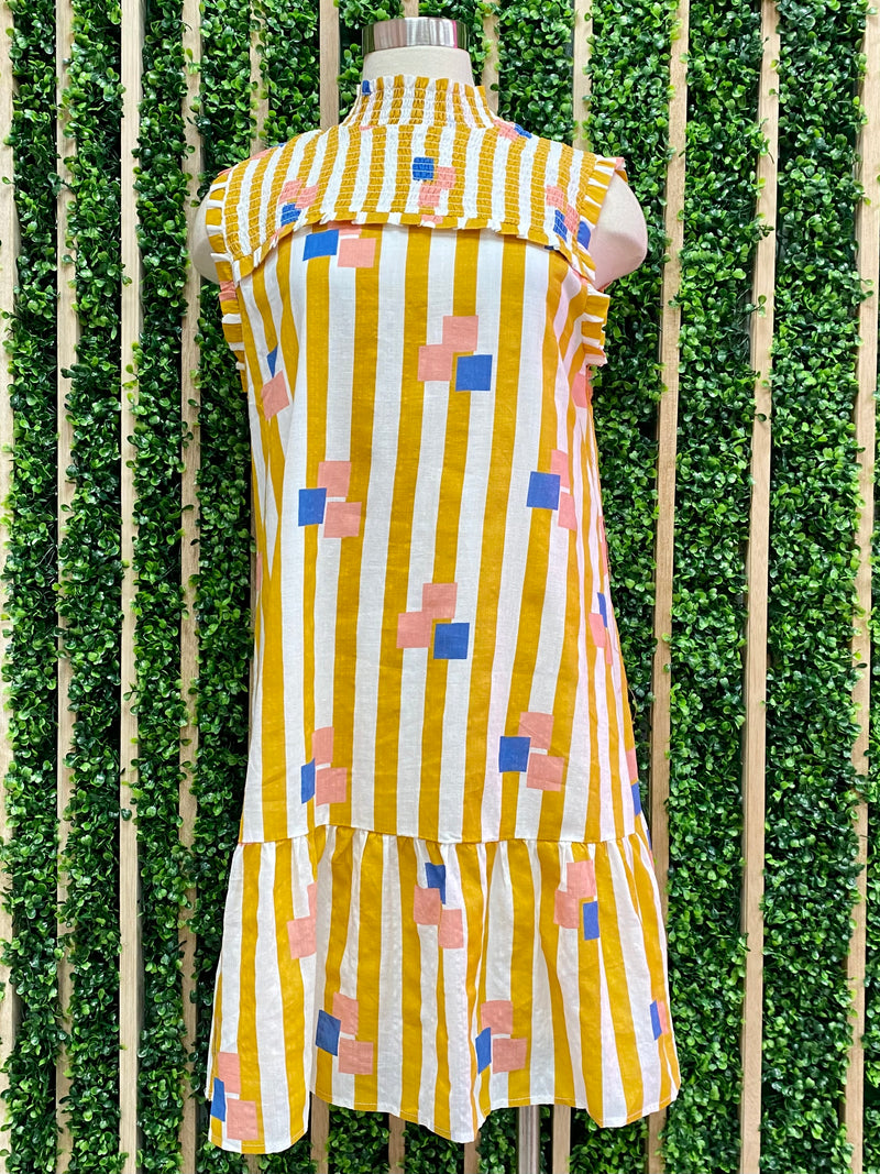 Mustard Stripe Print Angel Sleeve Dress