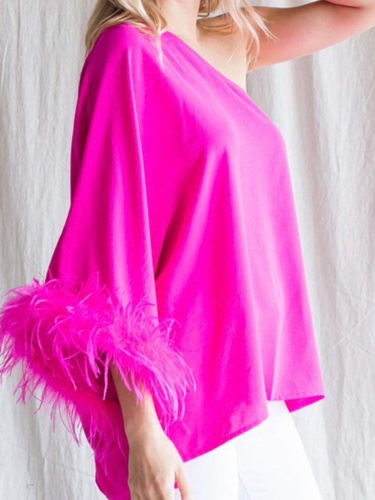 Hot Pink One Shoulder Feather Top