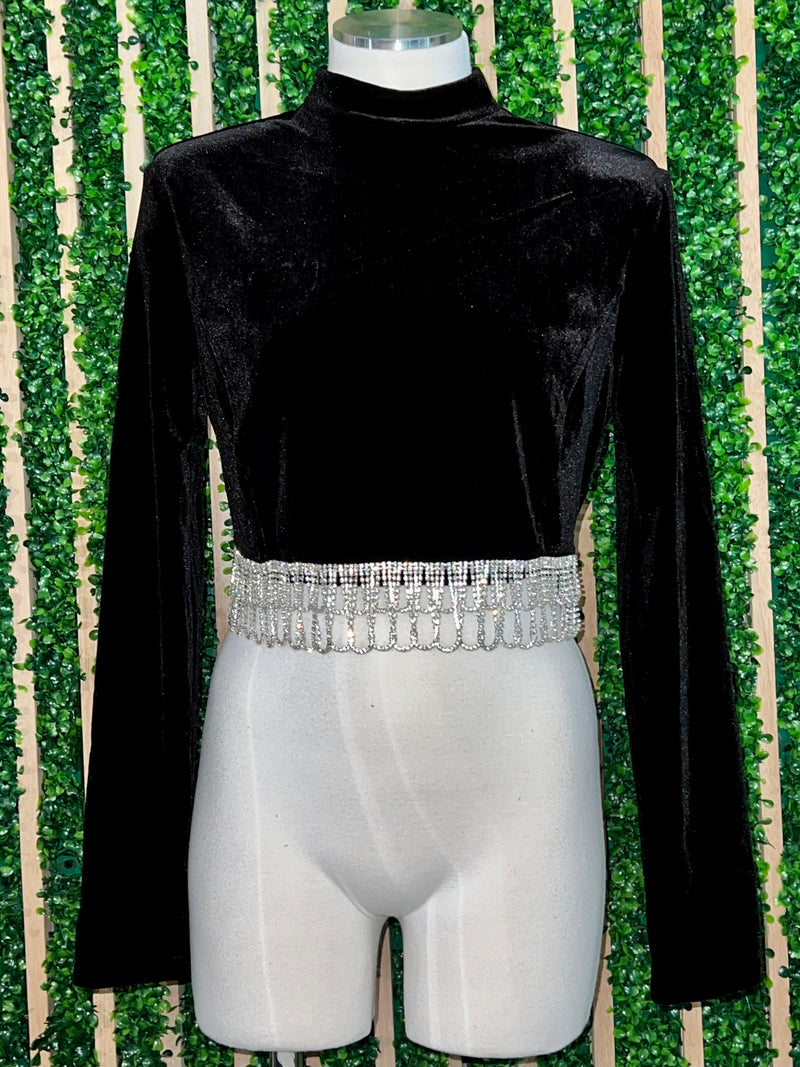 Rhinestone Trim Velvet Mock Neck Top