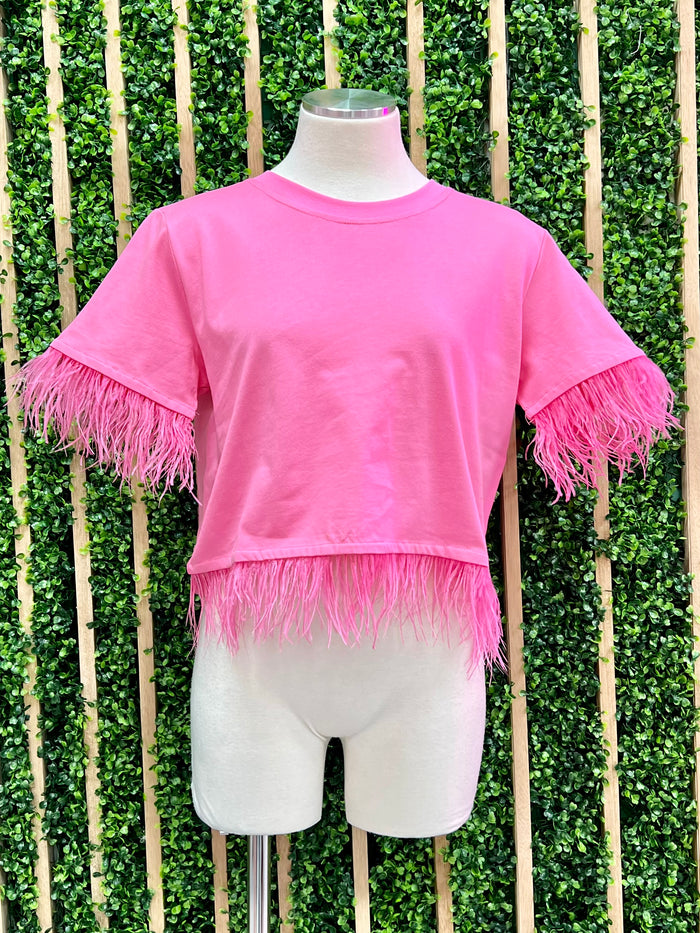 Short Sleeve Feather Trim Top