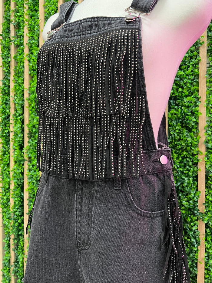 Black Fringe Detail Denim Overall