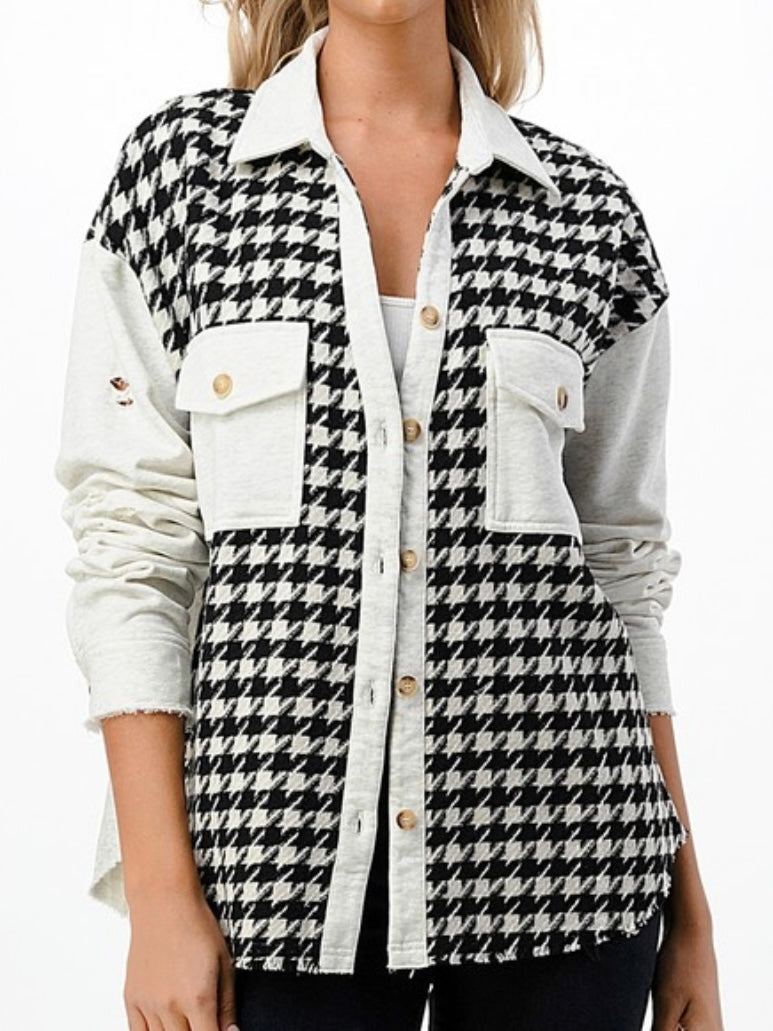 Houndstooth Contrast Knit Shacket