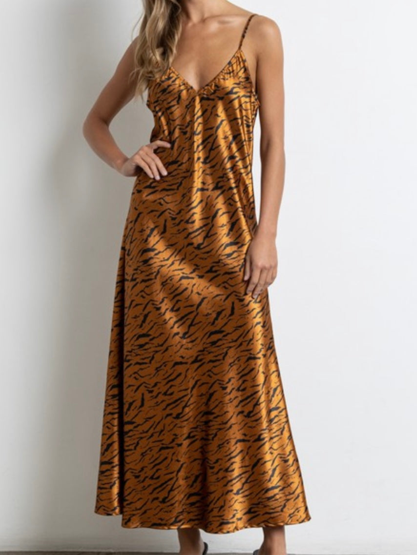 Rust Animal Print Satin Midi Dress