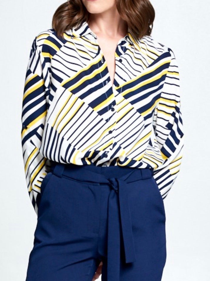 Navy Yellow Geo Button Down Blouse