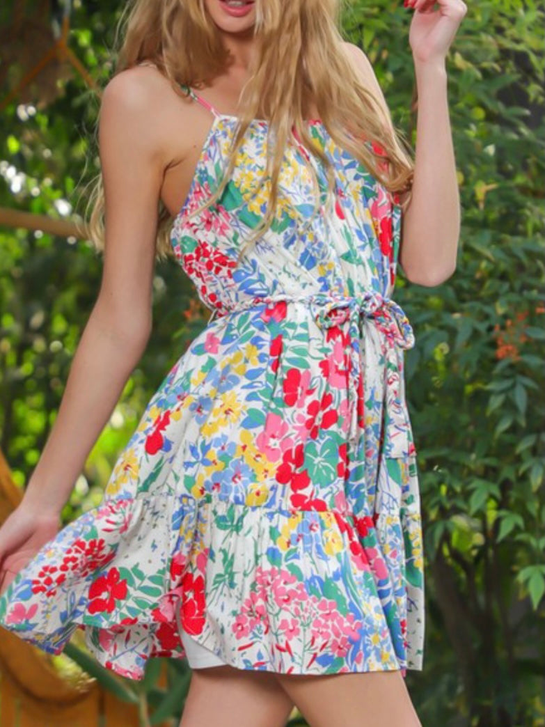 Multi Floral Strappy Tiered Short Dress
