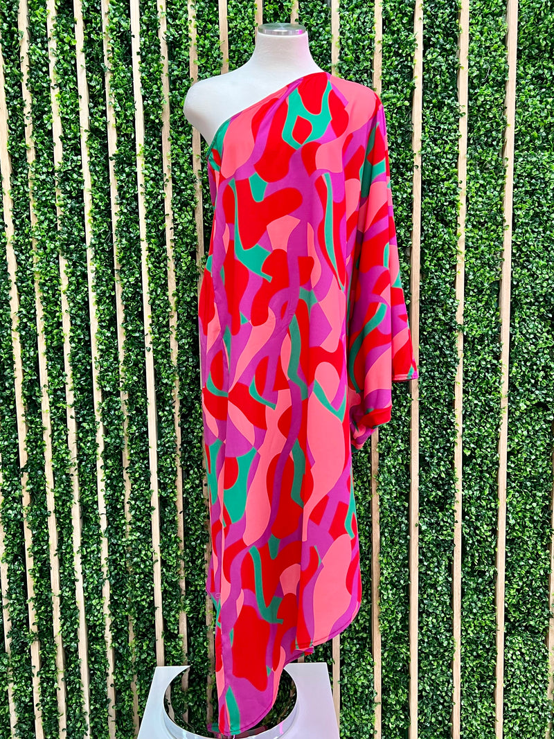 Red Pink Green One Shoulder Midi Dress