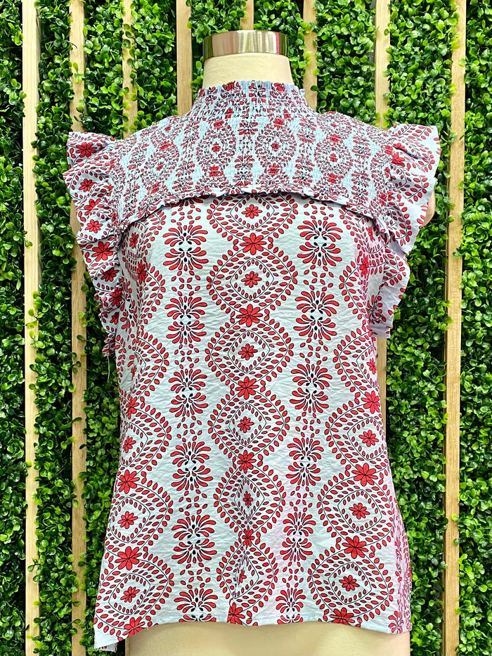 Blue Red Print Smocked Angel Sleeve Top