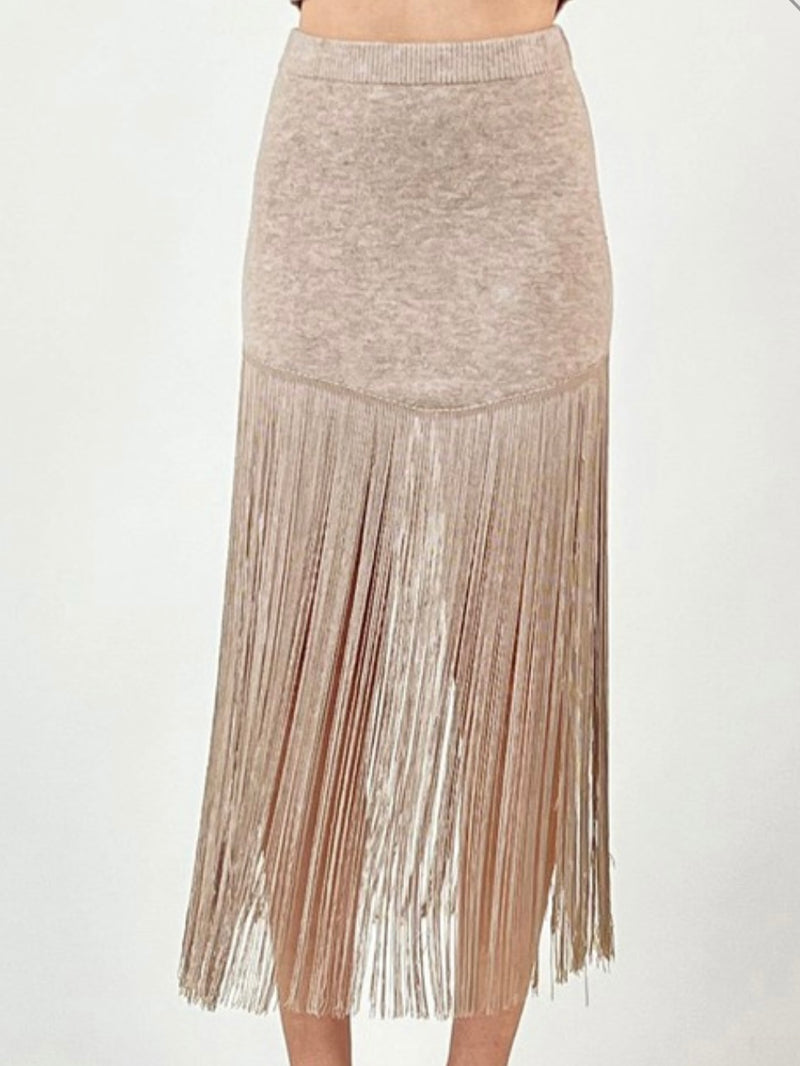 Beige Fringe Detail Knit Skirt