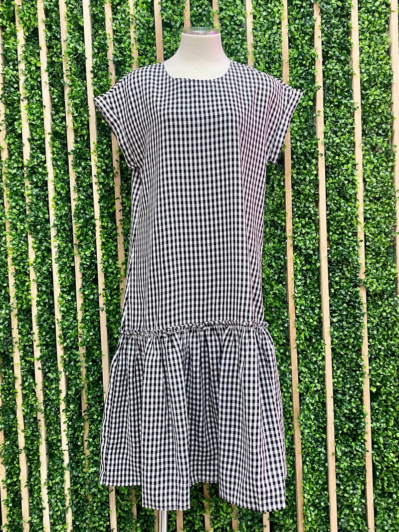 Black Gingham Cap Sleeve Midi Dress