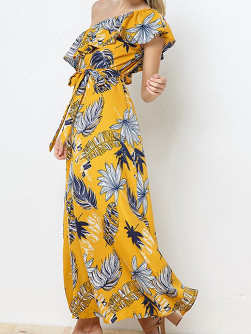 Mustard Tropical One Shoulder Maxi Dress