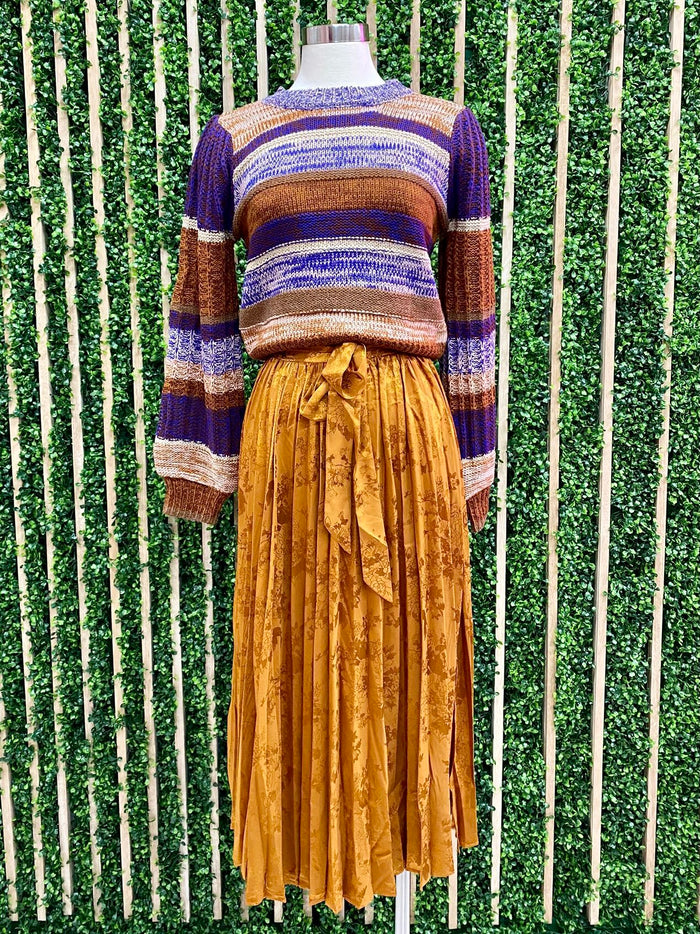 Rust Print Pleated Midi Skirt