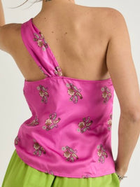 Pink Floral Print One Shoulder Top