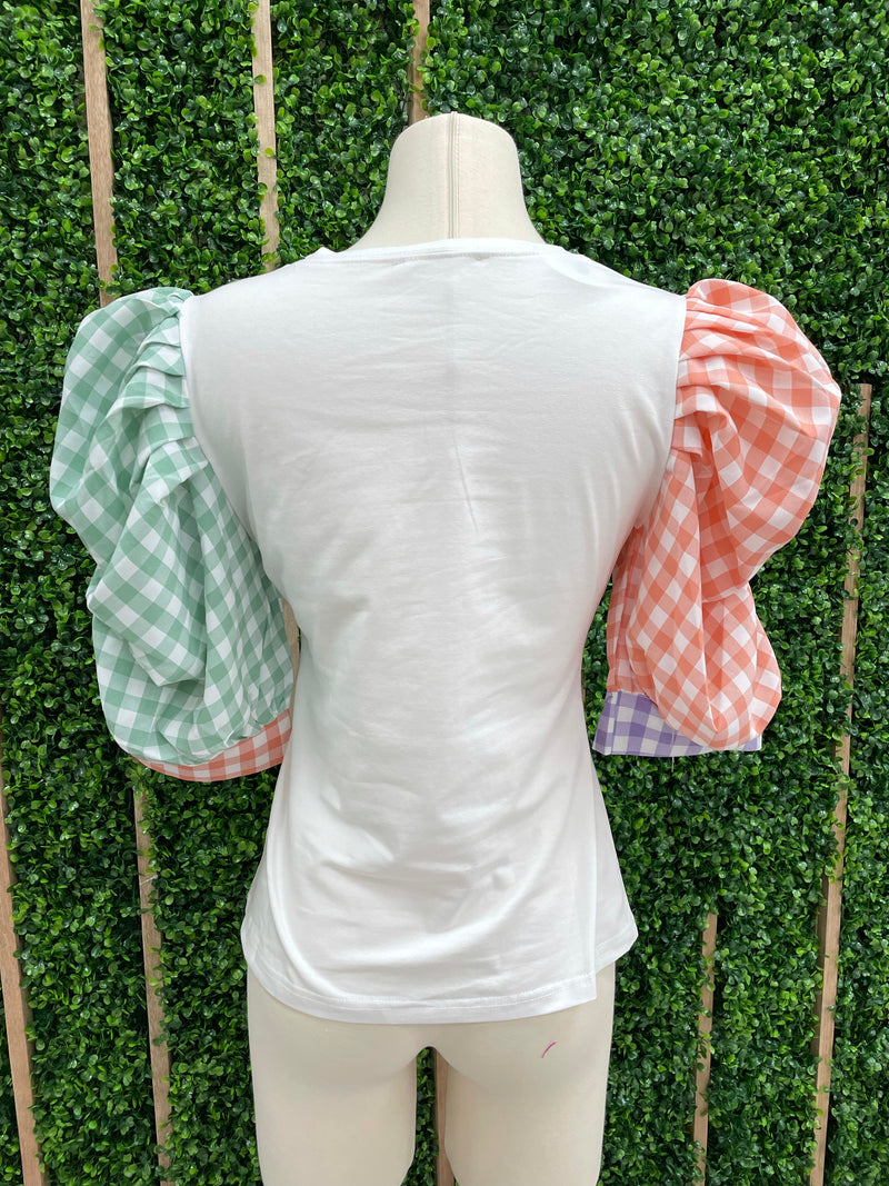 Color Block Checker Puff Sleeve Top