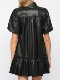 Black Balloon Sleeve Pleather Dress