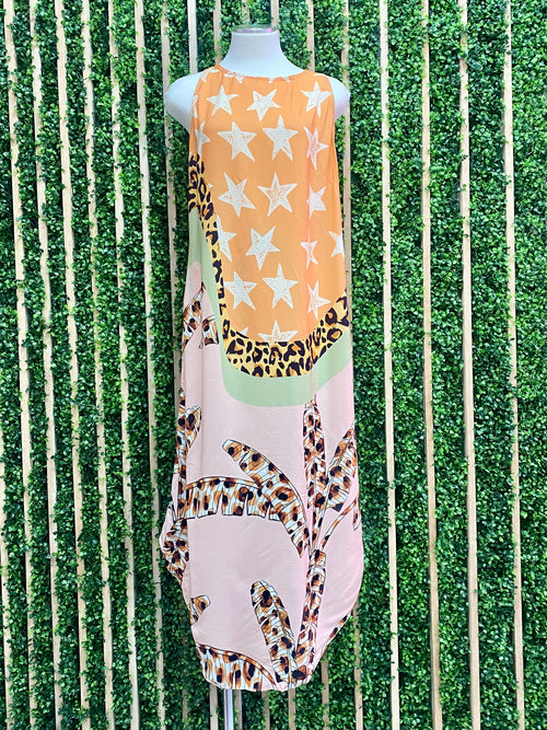 Tropical Print Cheetah Mixed Print Dress