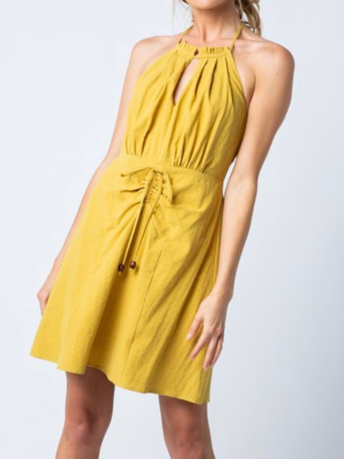 Mustard Halter Ruched Dress