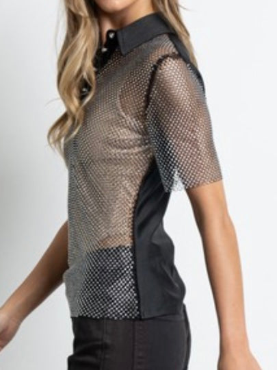 Black Rhinestone Mesh Collar Blouse