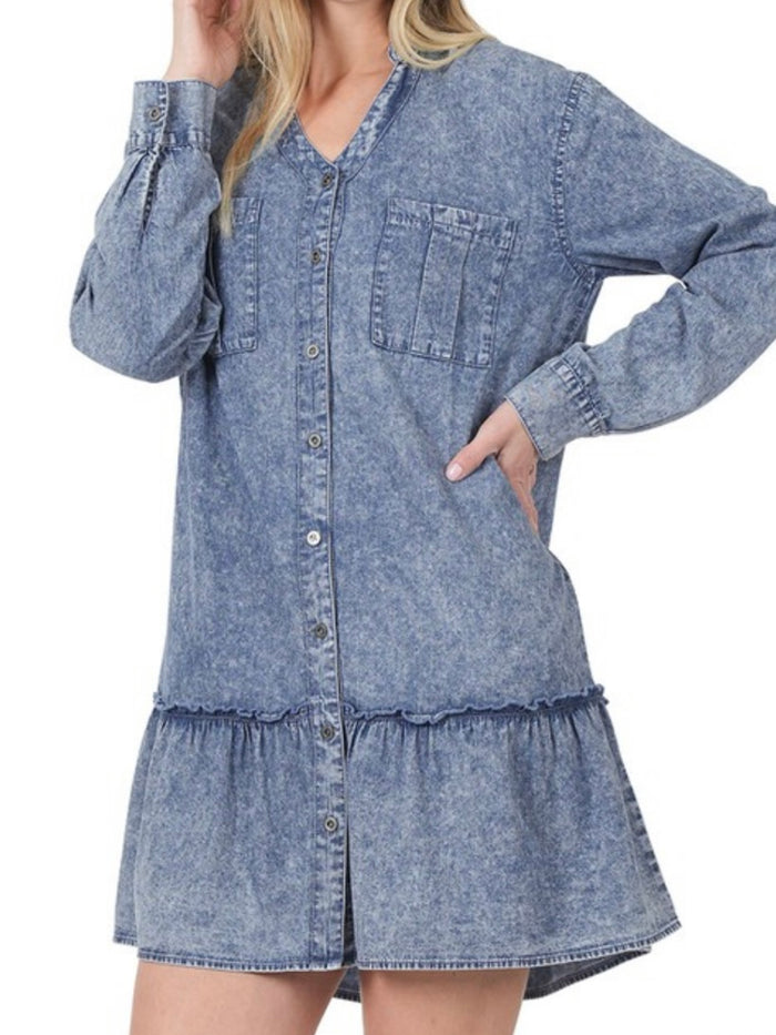 Blue Washed Chambray Drop Waist Short