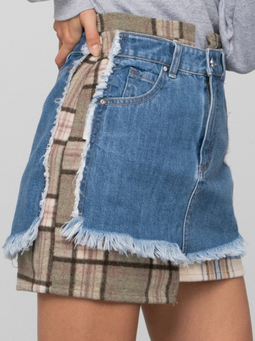 Plaid Detail Denim Mini Skirt