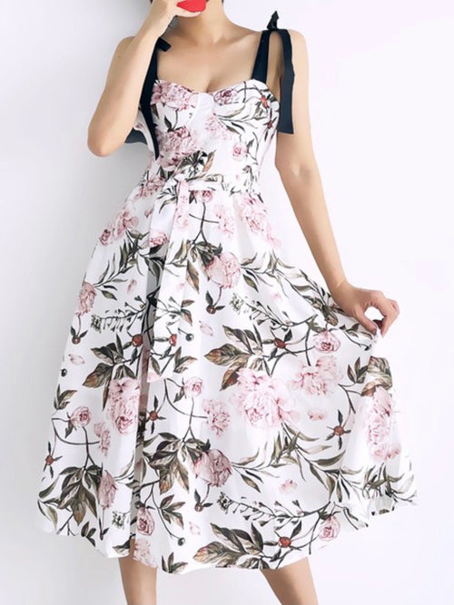 Romantic Floral Shoulder Tie Midi Dress