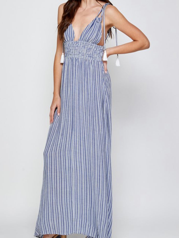 Navy Shoulder Tie Smocked MAxi Dress