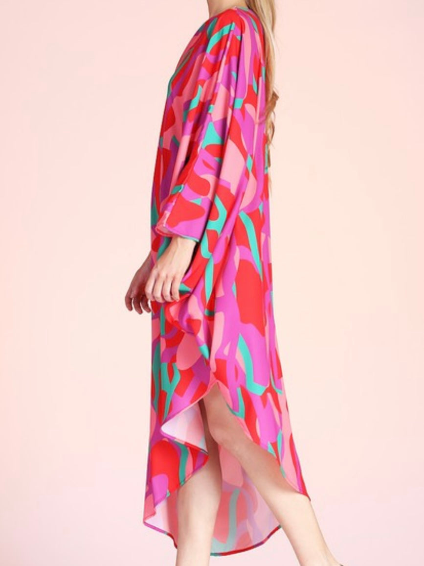 Red Pink Green One Shoulder Midi Dress