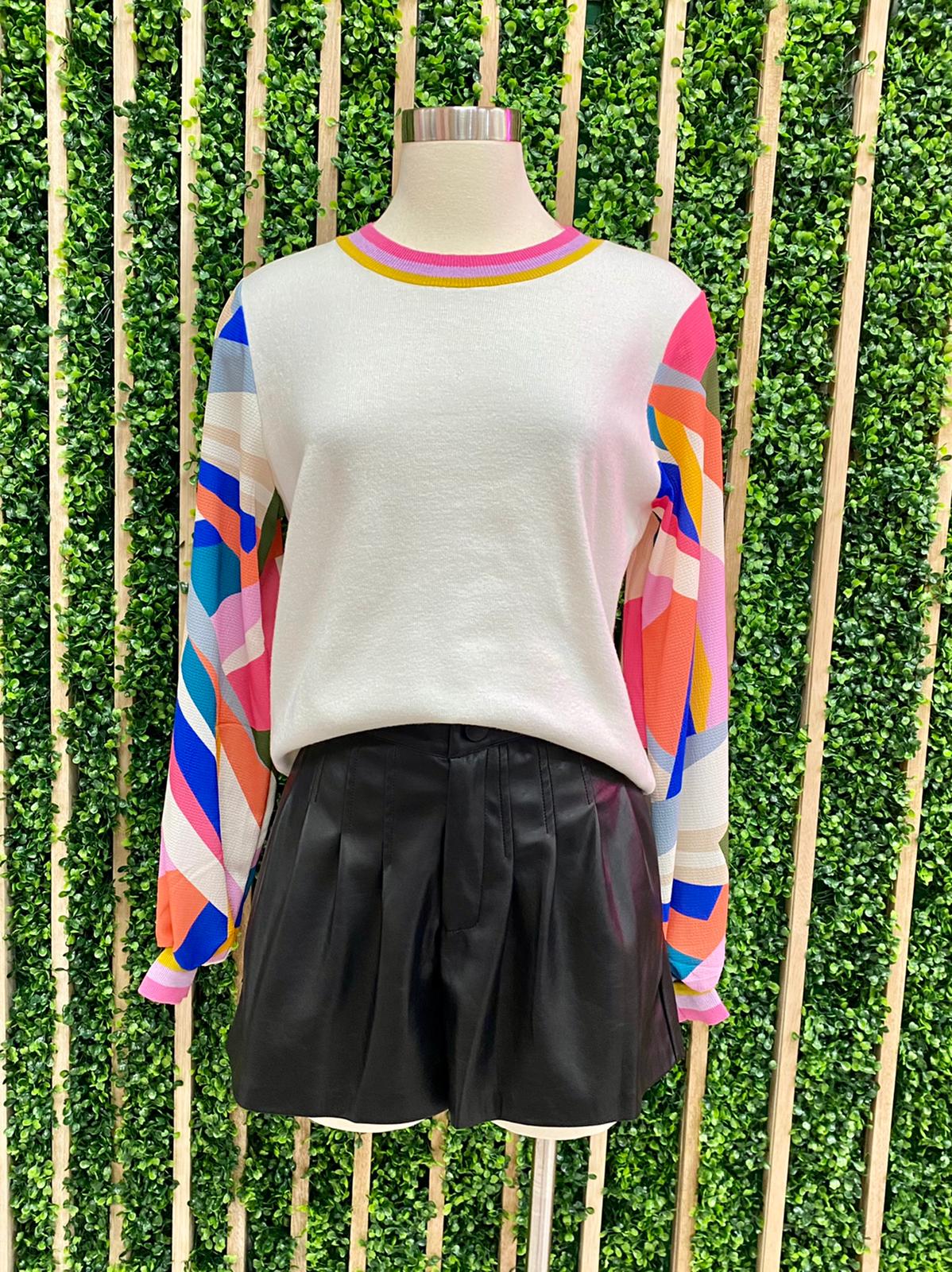 Fuchsia Geo Print Sleeves Sweater