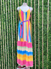 Pink Blue Stripe Block Maxi Dress