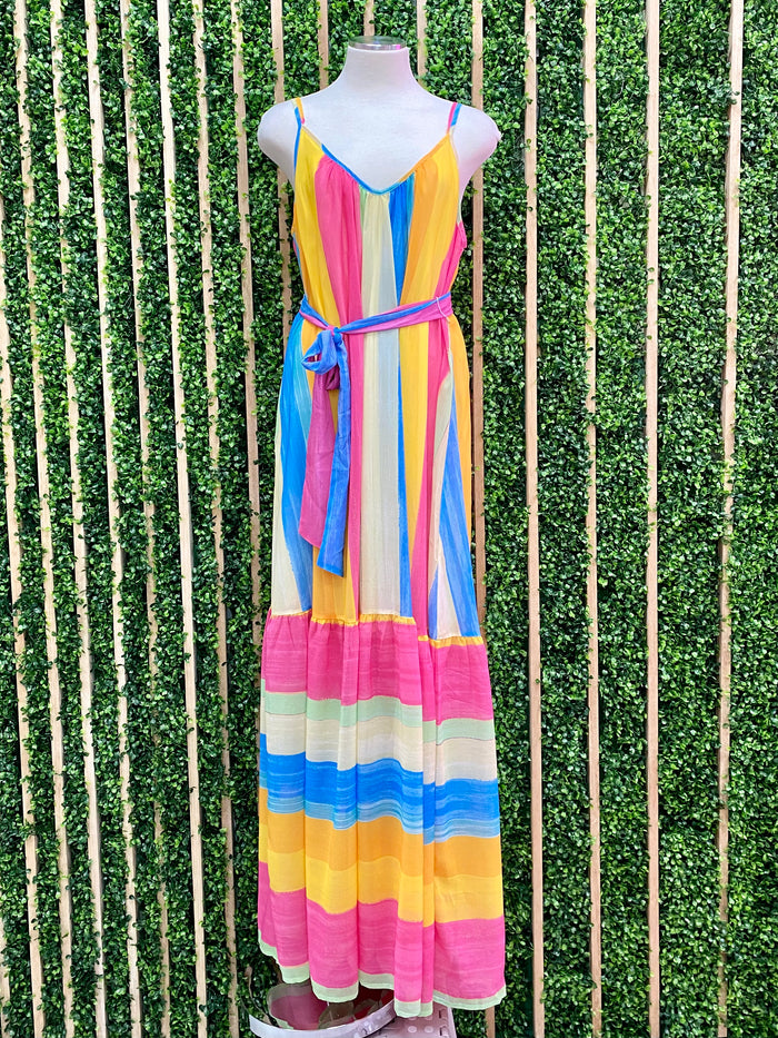 Pink Blue Stripe Block Maxi Dress