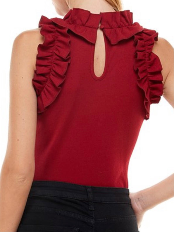 Deep Red Ruffled Neckline Bodysuit