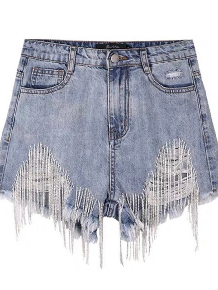 Rhinestone Fringe Distressed Shorts