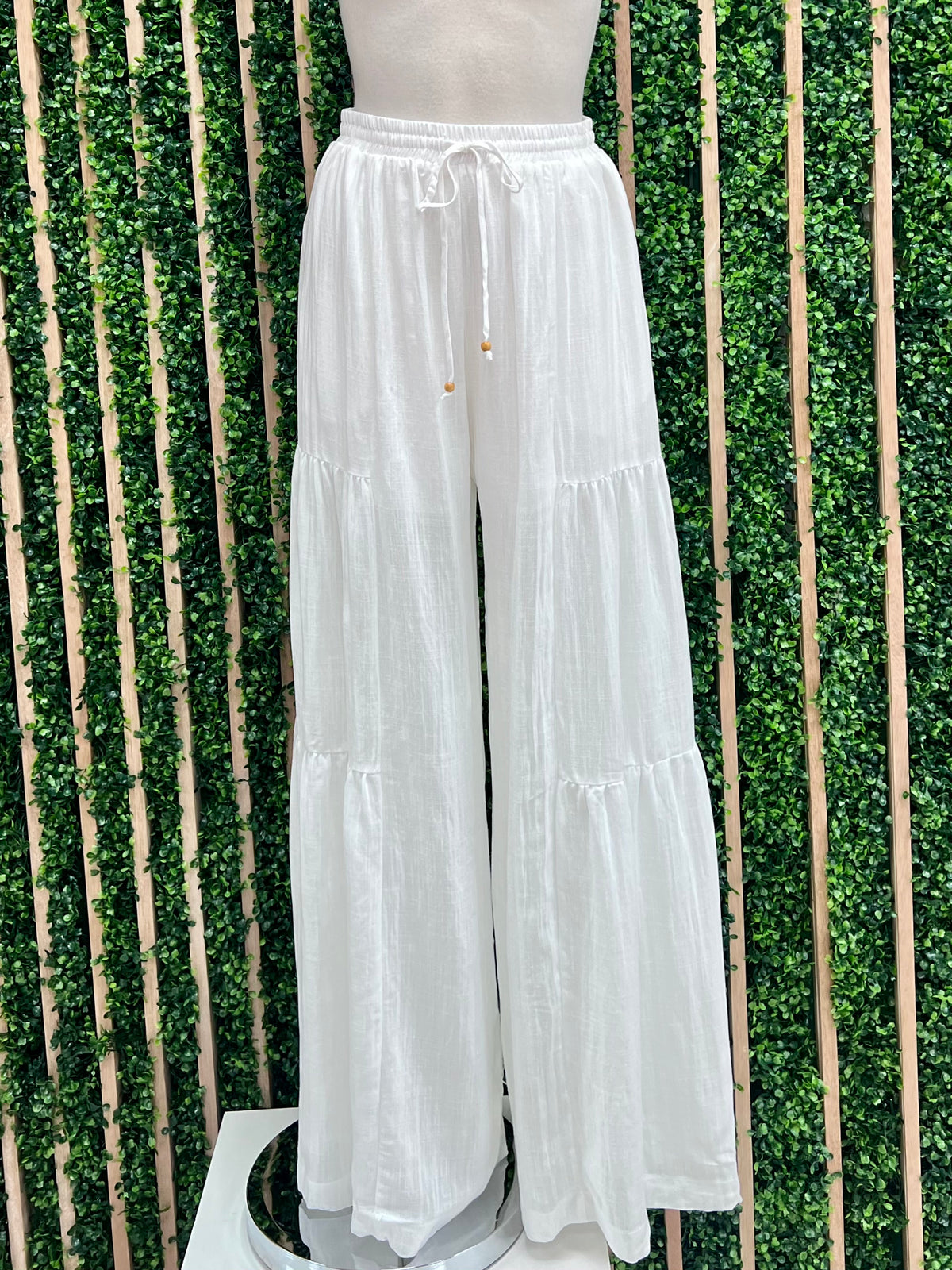 White Beaded Drawstring Ruffled Pants
