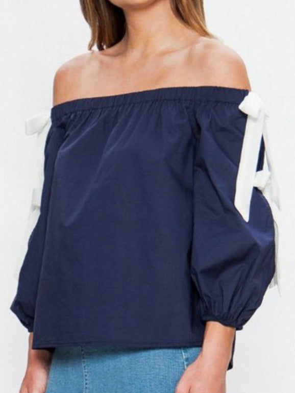 Navy Bow Detail Off Shoulder Top