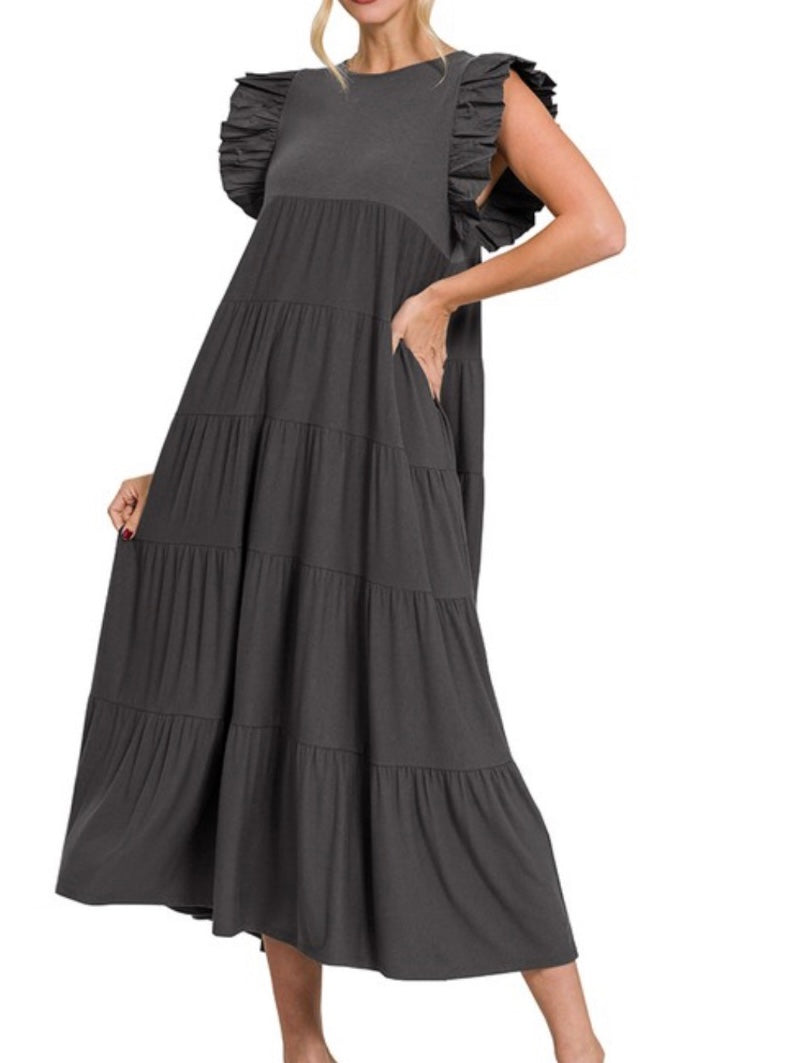 Ruffled Cap Sleeve Tiered Midi Dress