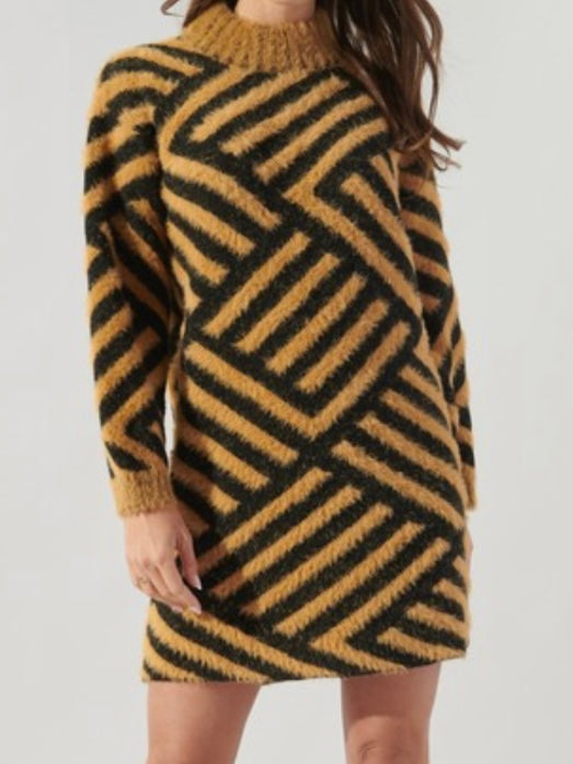 Tan Black Chevron Sweater Dress