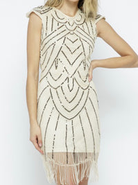 Cream Sequin Bodycon Dress with Fringe