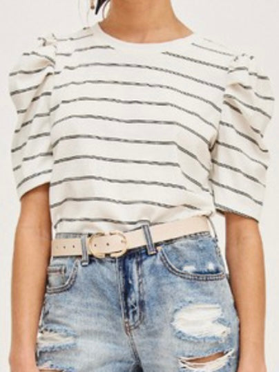 White Stripes Puff Sleeve Tee
