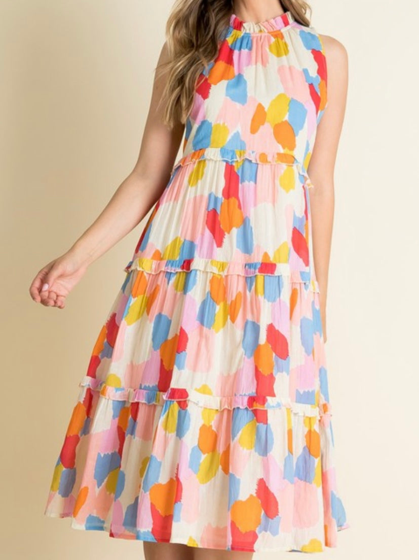 Multicolor Strokes Tiered Midi Dress