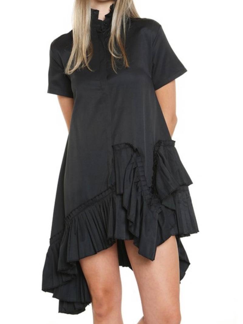 Frilled High Neck Uneven Hem Short Dress