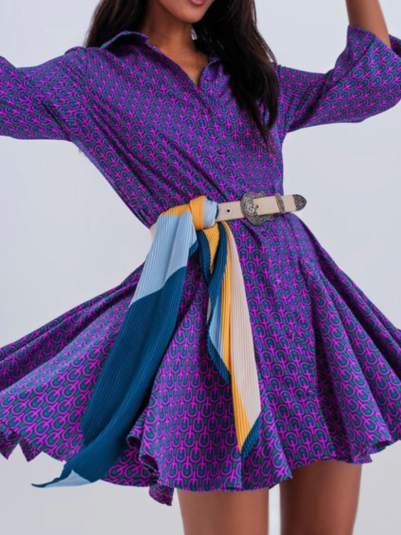 Purple Print Shirt Short Dress