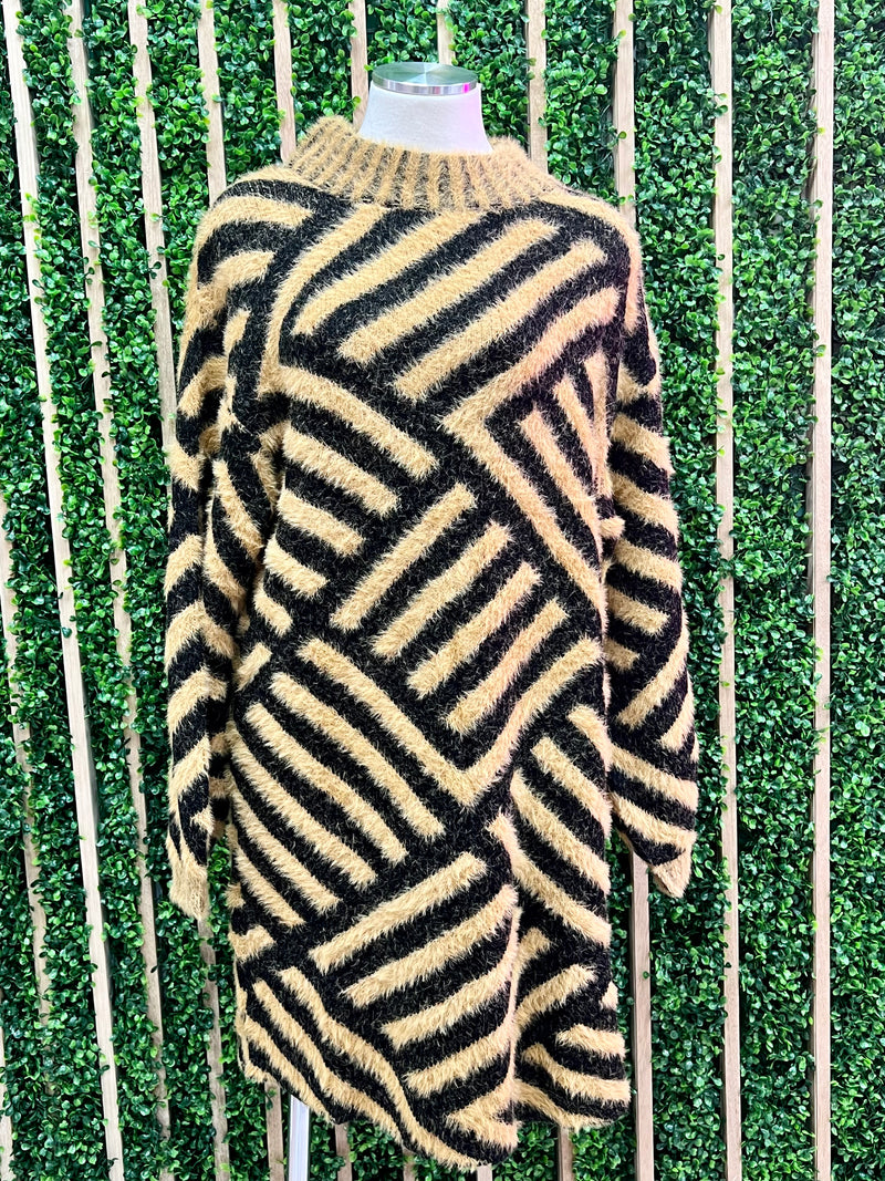 Tan Black Chevron Sweater Dress