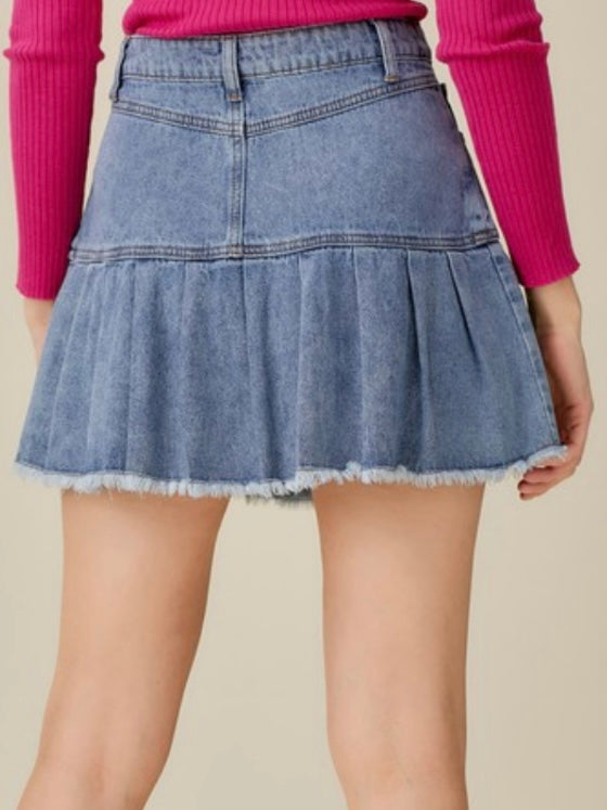 Light Denim Pleated Short Skirt